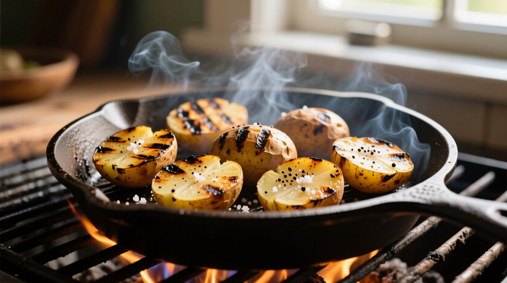 Grilled potatoes with char marks on grill