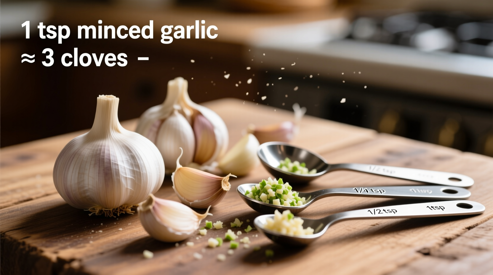 Fresh garlic cloves next to measuring spoons showing minced garlic conversion