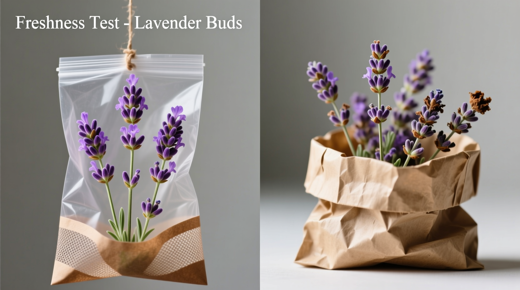 Side-by-side comparison: left, lavender stems suspended inside a ventilated brown parchment bag with visible crisp purple buds; right, same variety in a crumpled kraft paper bag showing dull, mottled buds with brown tips