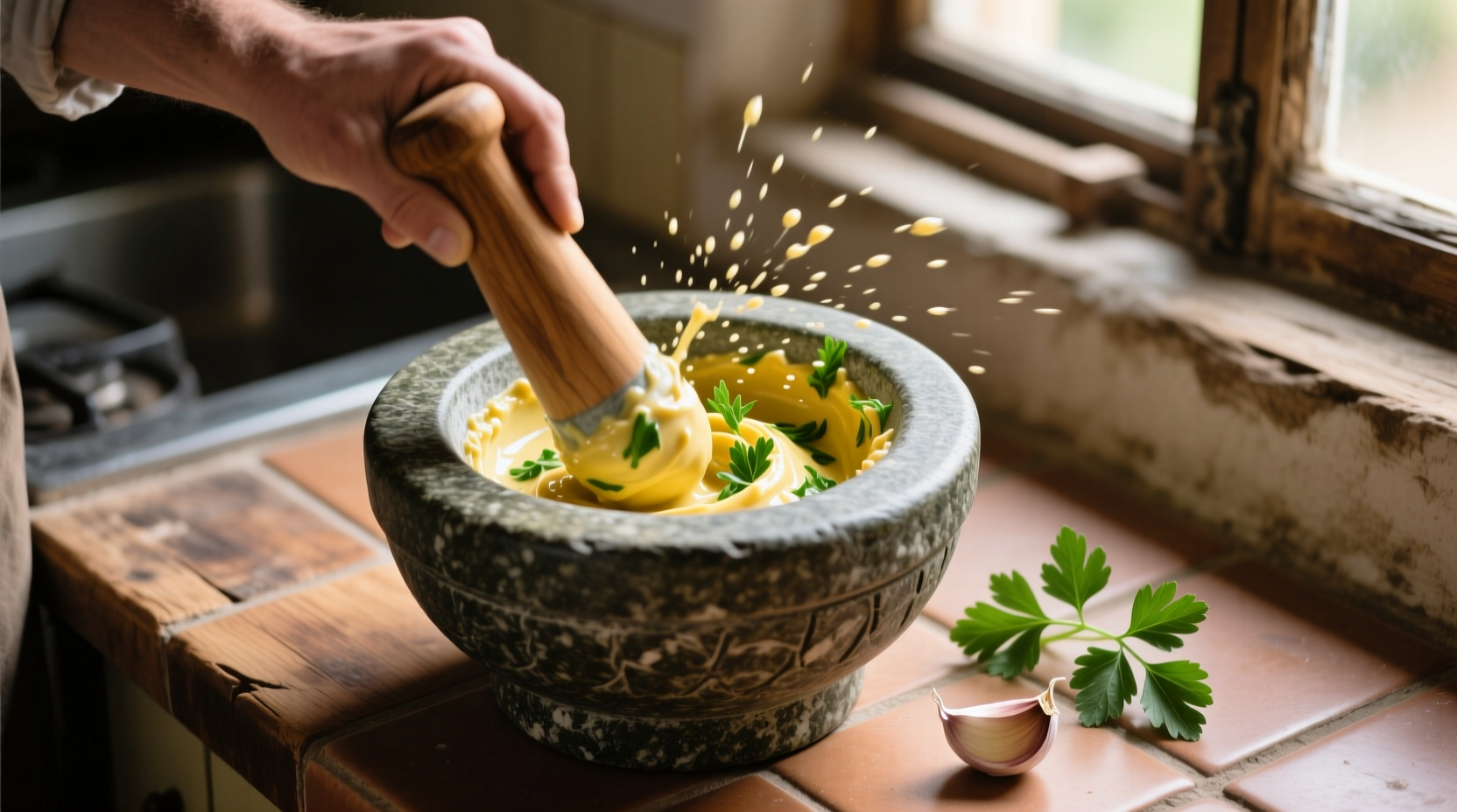 Hand whisking fresh garlic aioli in traditional mortar