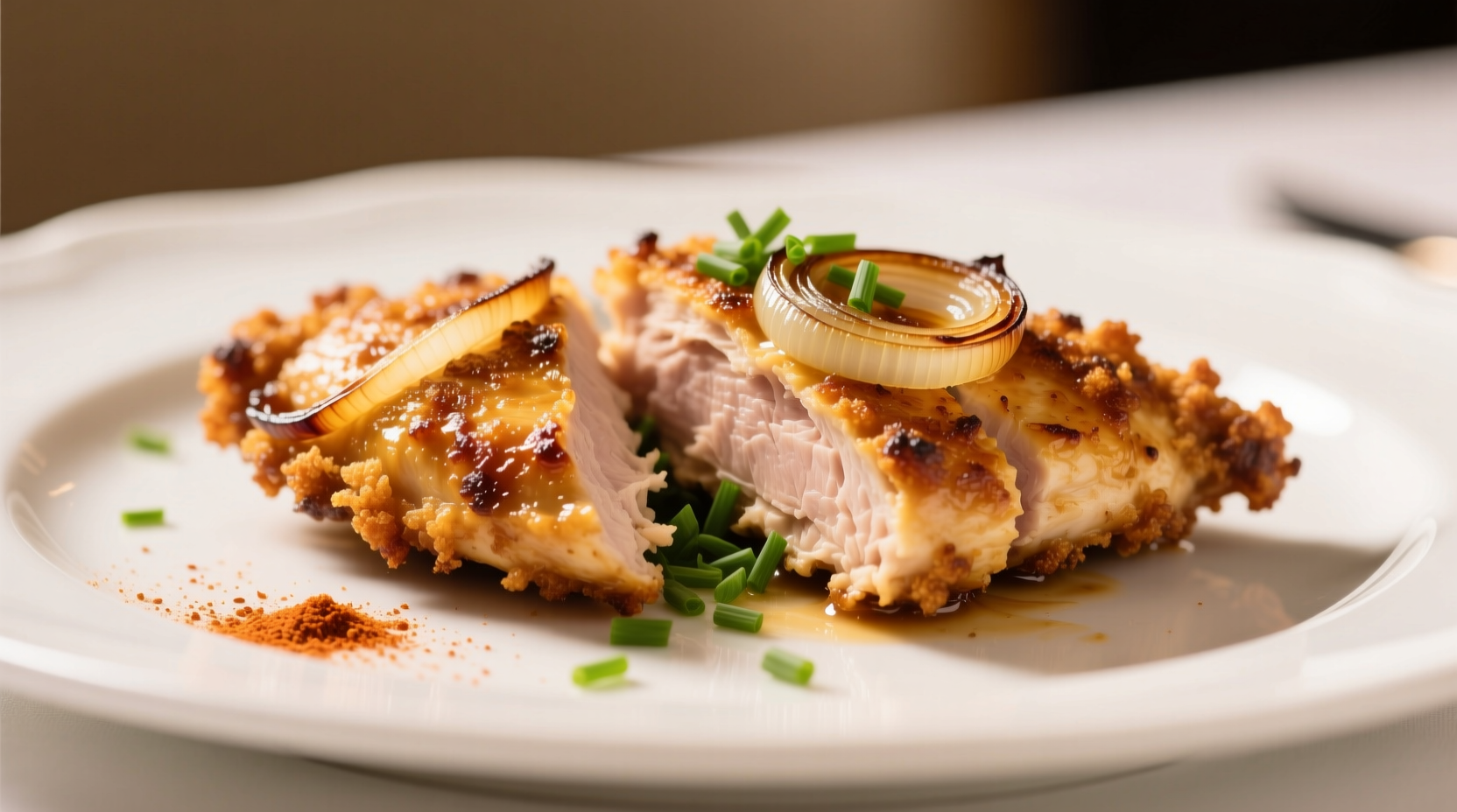 Golden brown onion crunch chicken on white plate