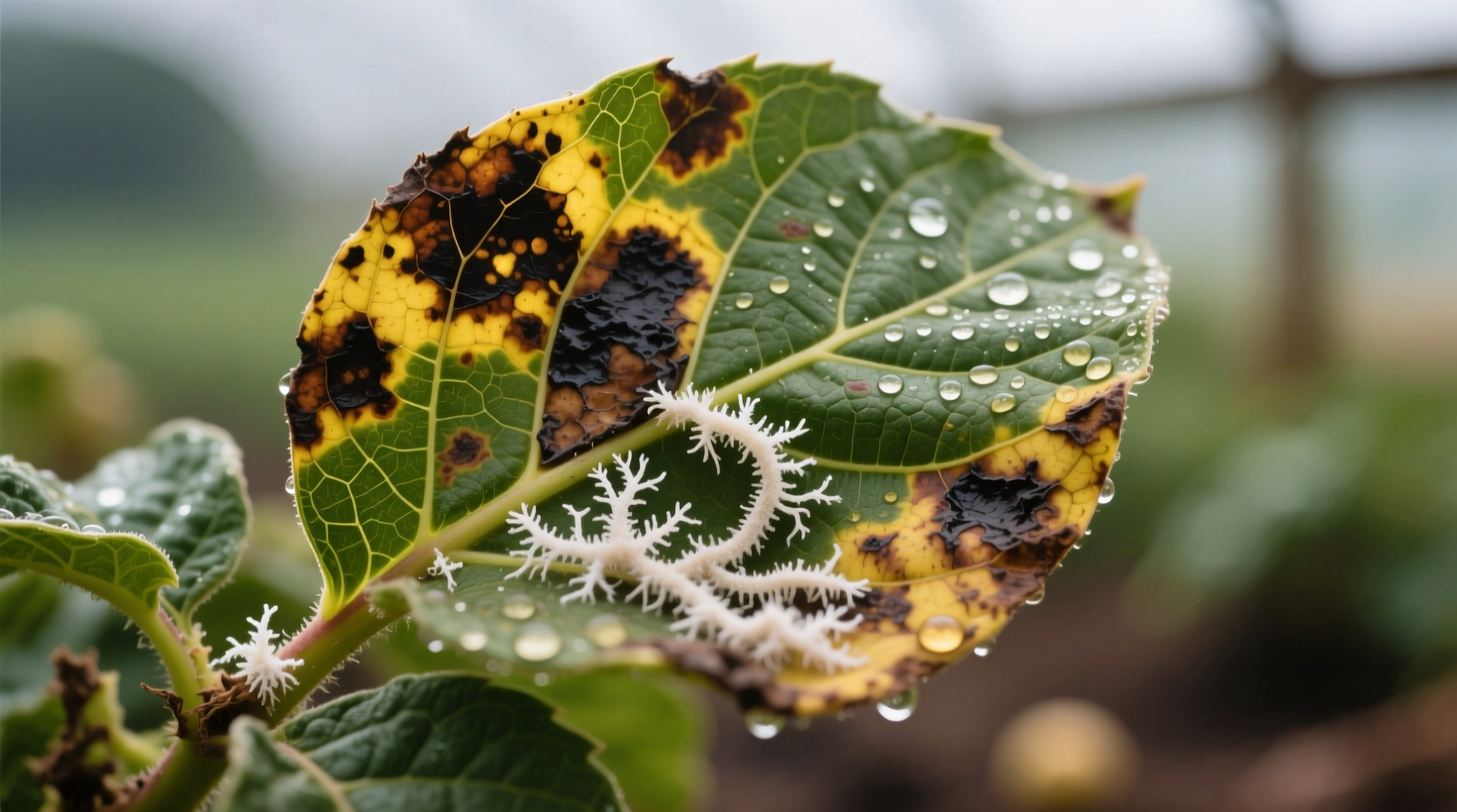 Close-up of potato leaf with late blight lesions and white mold