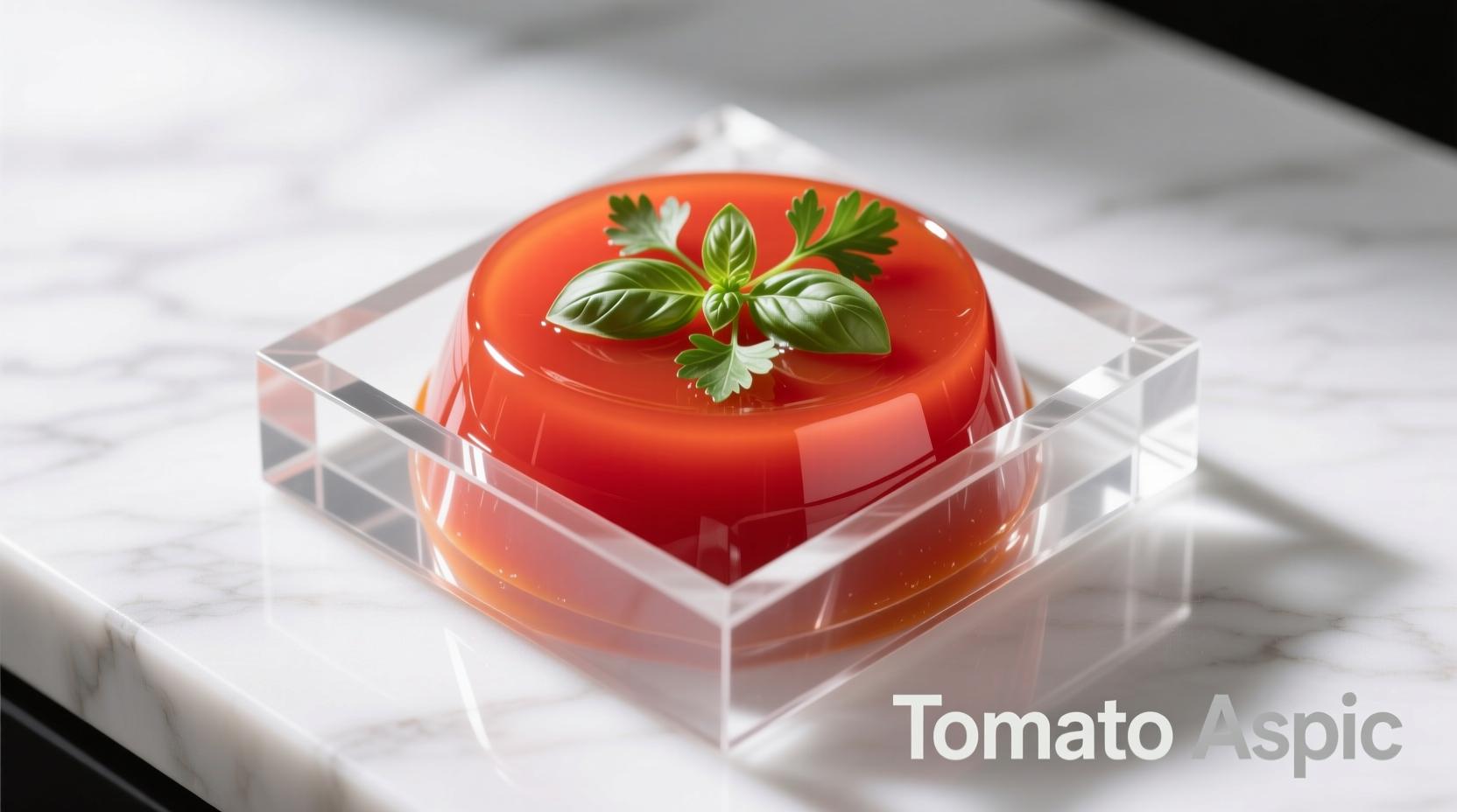 Tomato aspic in crystal mold with herb garnish
