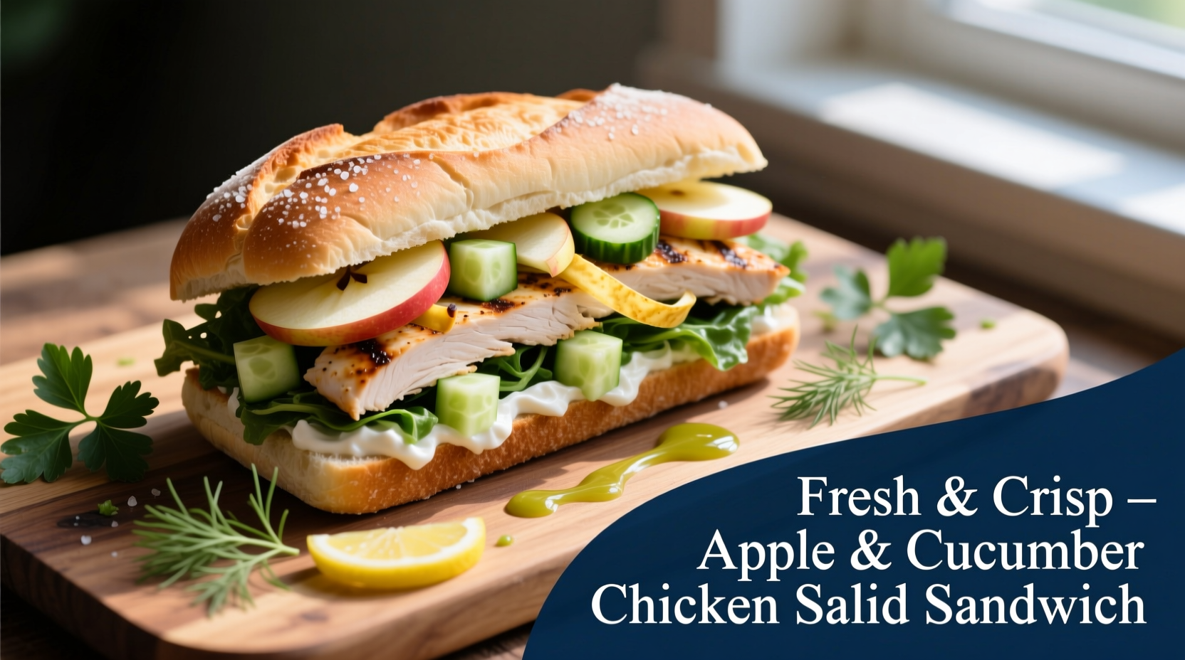 Fresh chicken salad sandwich with apple and cucumber