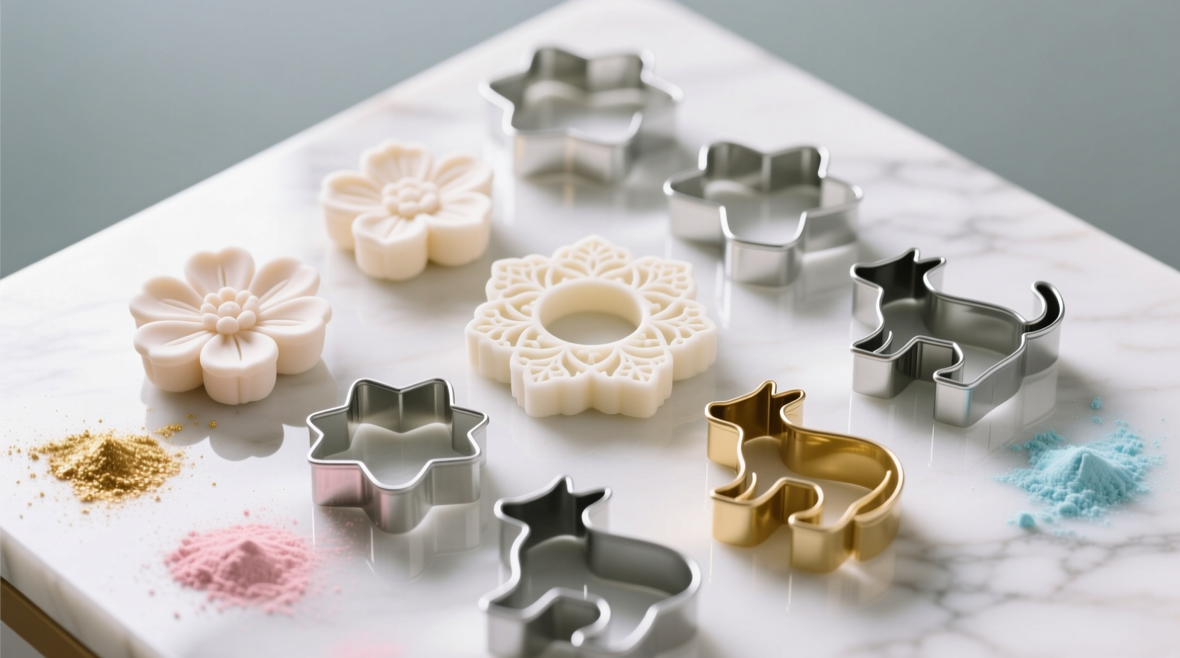 Professional fondant cutters arranged on marble surface