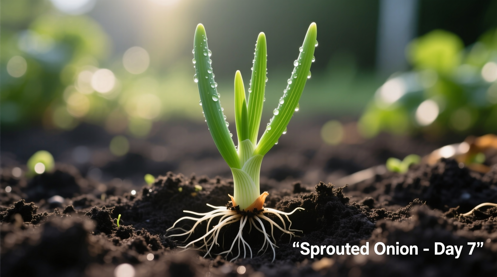Sprouted onion planted in garden soil with green shoots