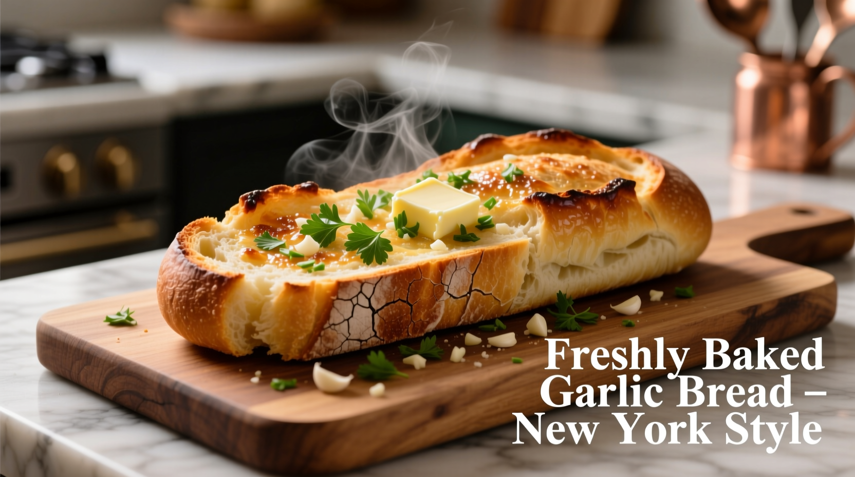 Freshly baked New York garlic bread with golden crust