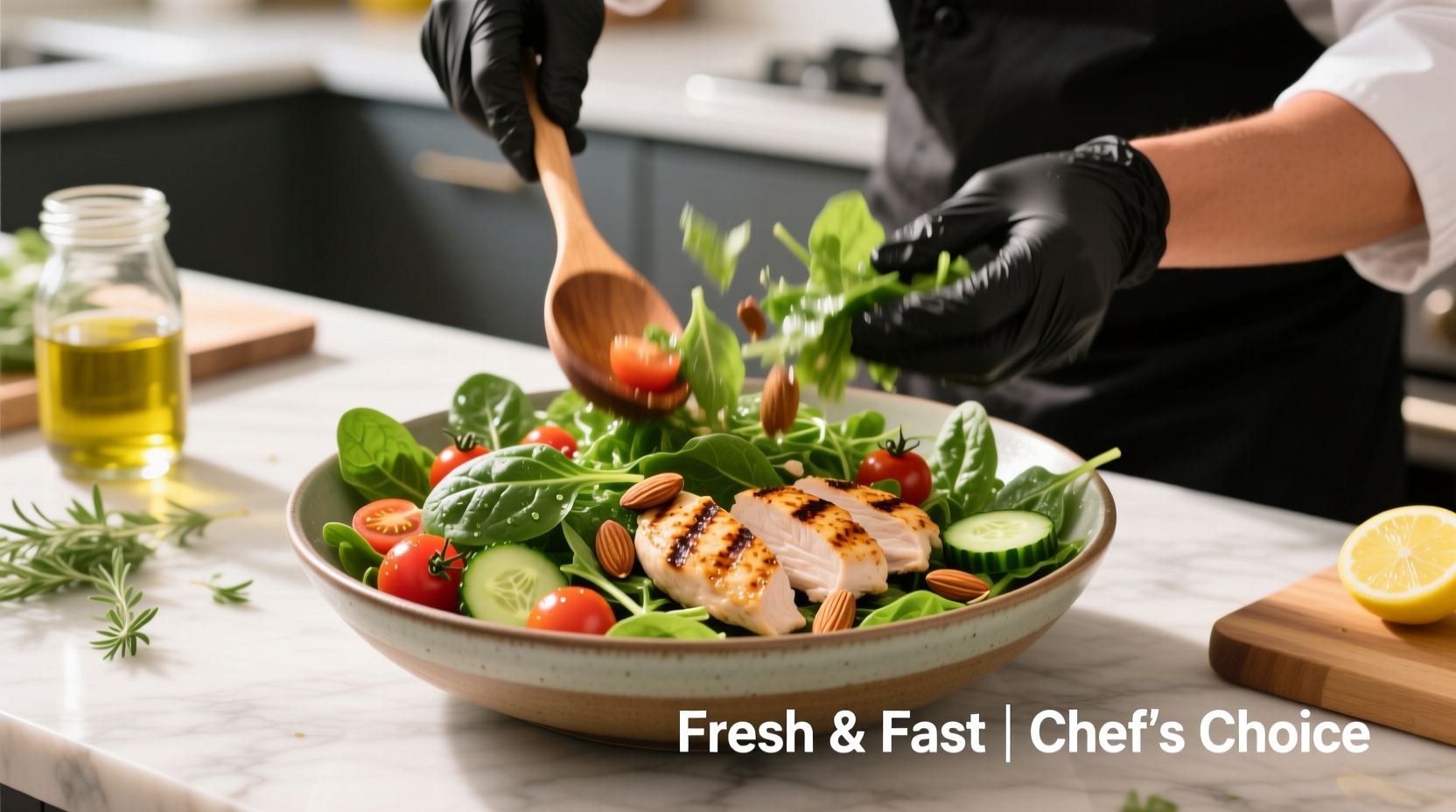 Chef preparing fresh chicken spinach salad with vibrant ingredients