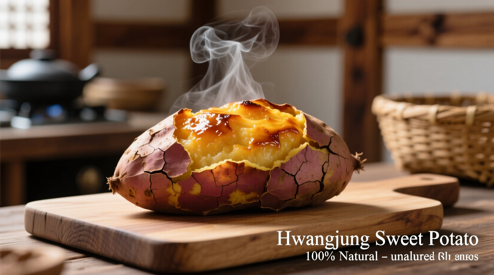 Perfectly baked Korean sweet potato with steam rising