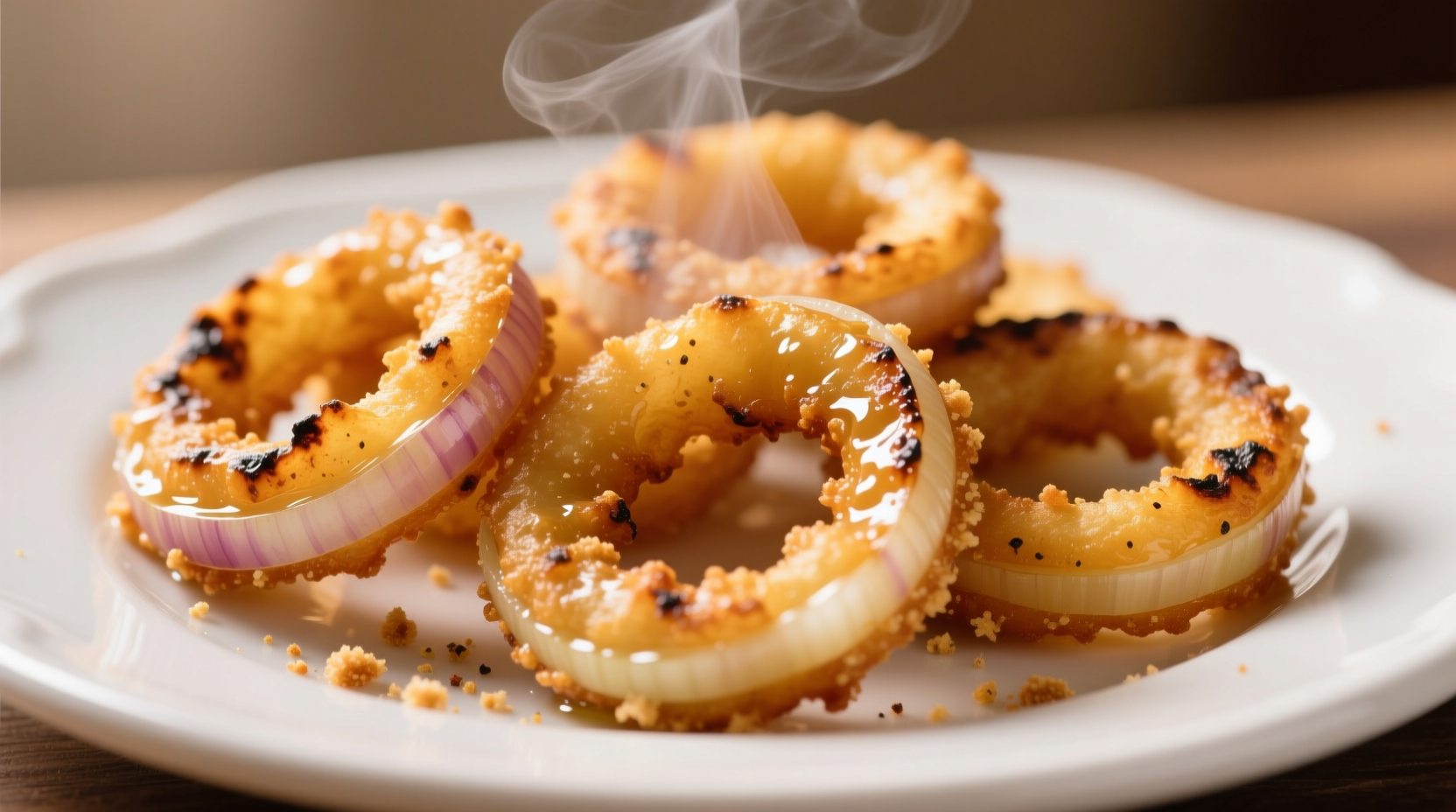 Freshly prepared Culver's onion rings on white plate