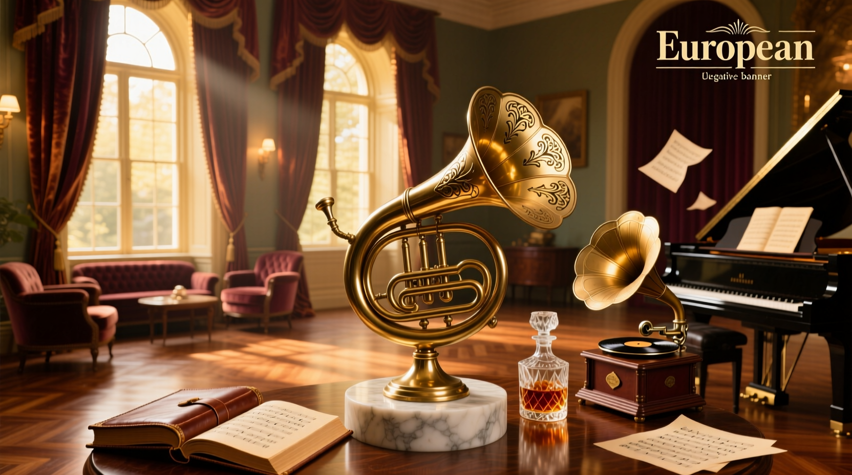 Vintage-style brass fog horn mounted on wooden base