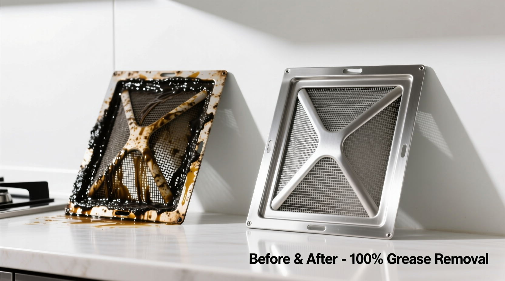 A stainless steel range hood filter submerged in steaming amber liquid inside a stainless pot, with visible grease lifting off the mesh surface; tongs, microfiber cloth, and a timer showing 12:00 are arranged neatly beside the stove