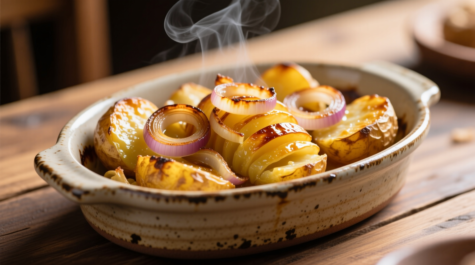 Golden baked Lipton French Onion Potatoes in ceramic dish