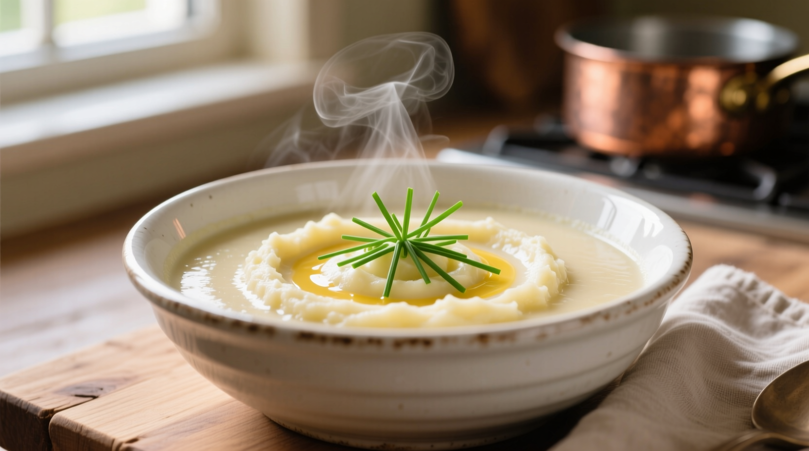 Creamy mashed potato soup in white bowl with chive garnish