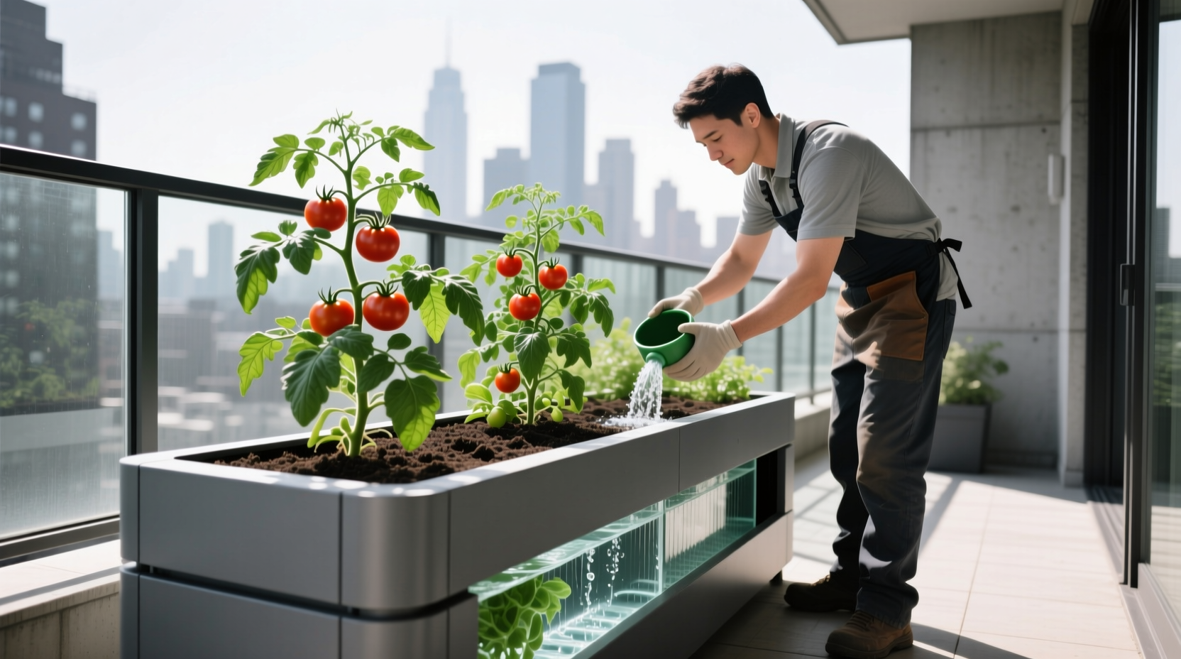 Urban gardener refilling a self-watering bed reservoir on a city balcony, with tomato plants thriving above