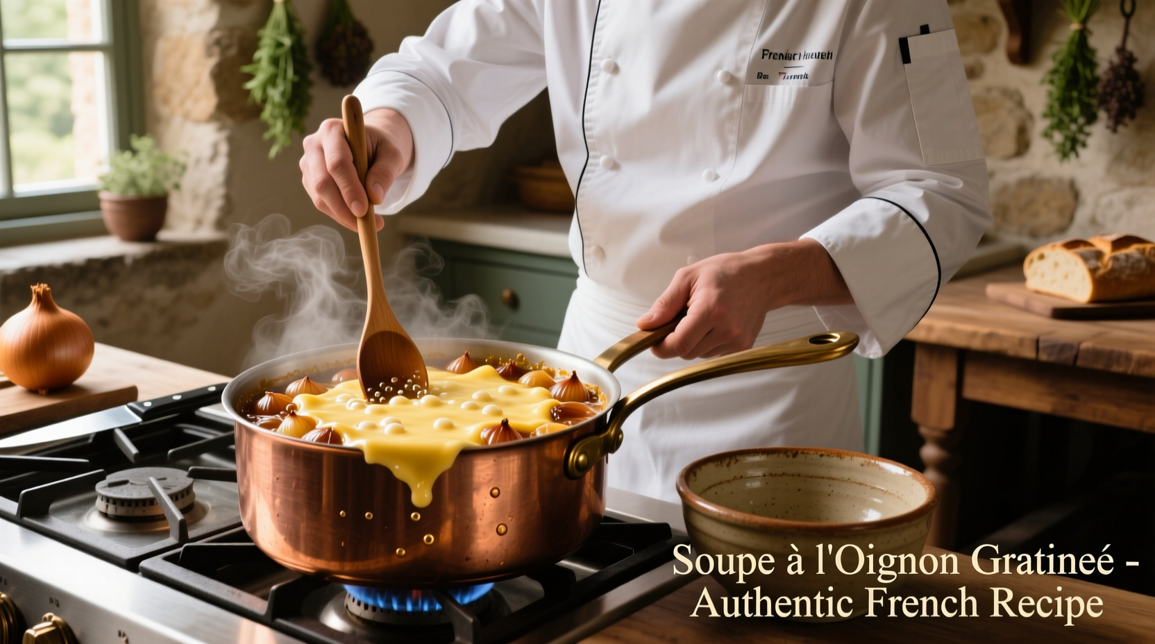 Chef preparing French onion soup with melted cheese topping