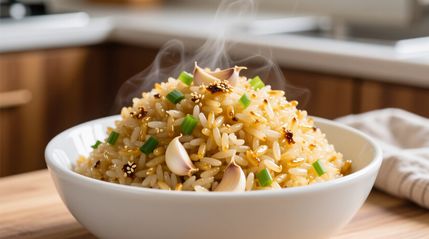 Perfect golden garlic rice in white bowl