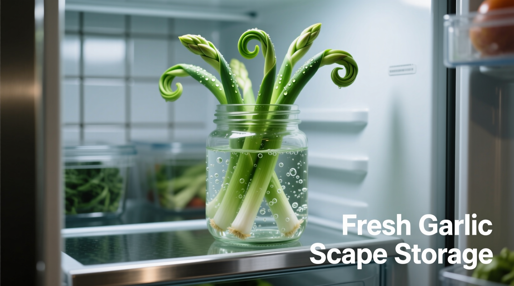Fresh garlic scapes stored in water jar in refrigerator
