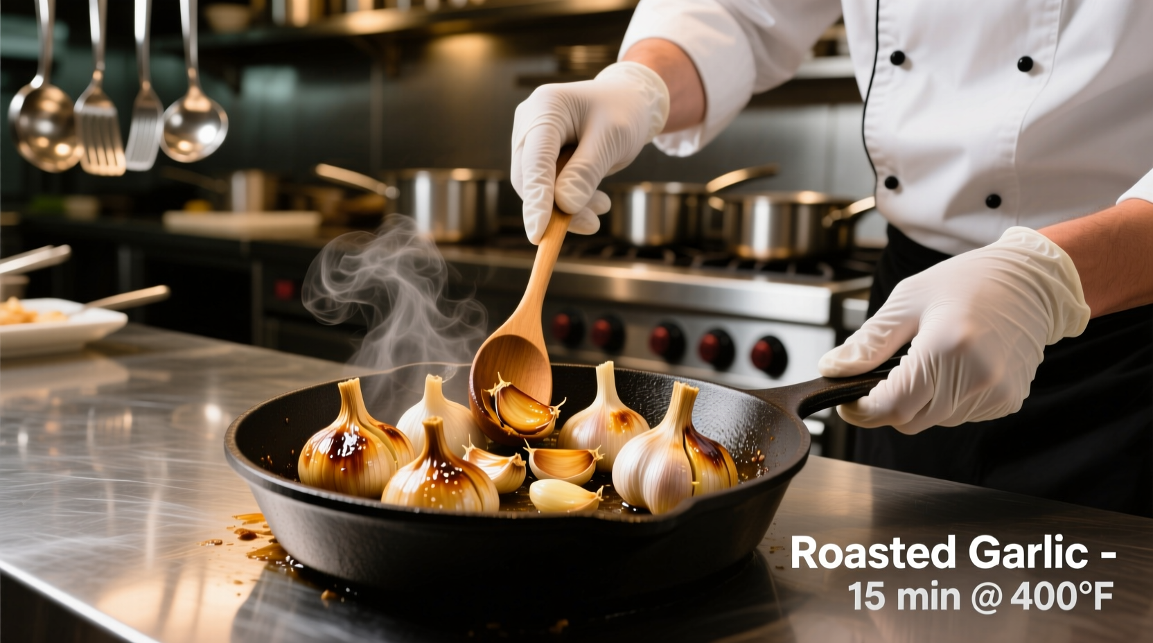 Chef preparing roasted garlic cloves in restaurant kitchen