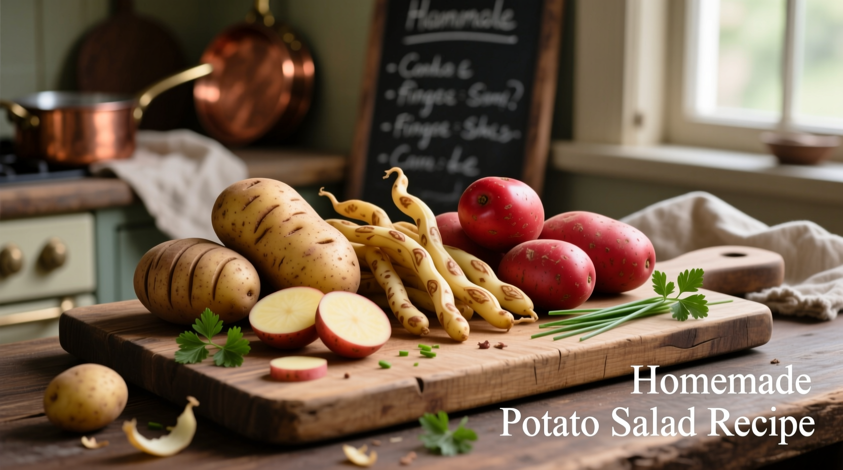 Three types of potatoes for potato salad on wooden board