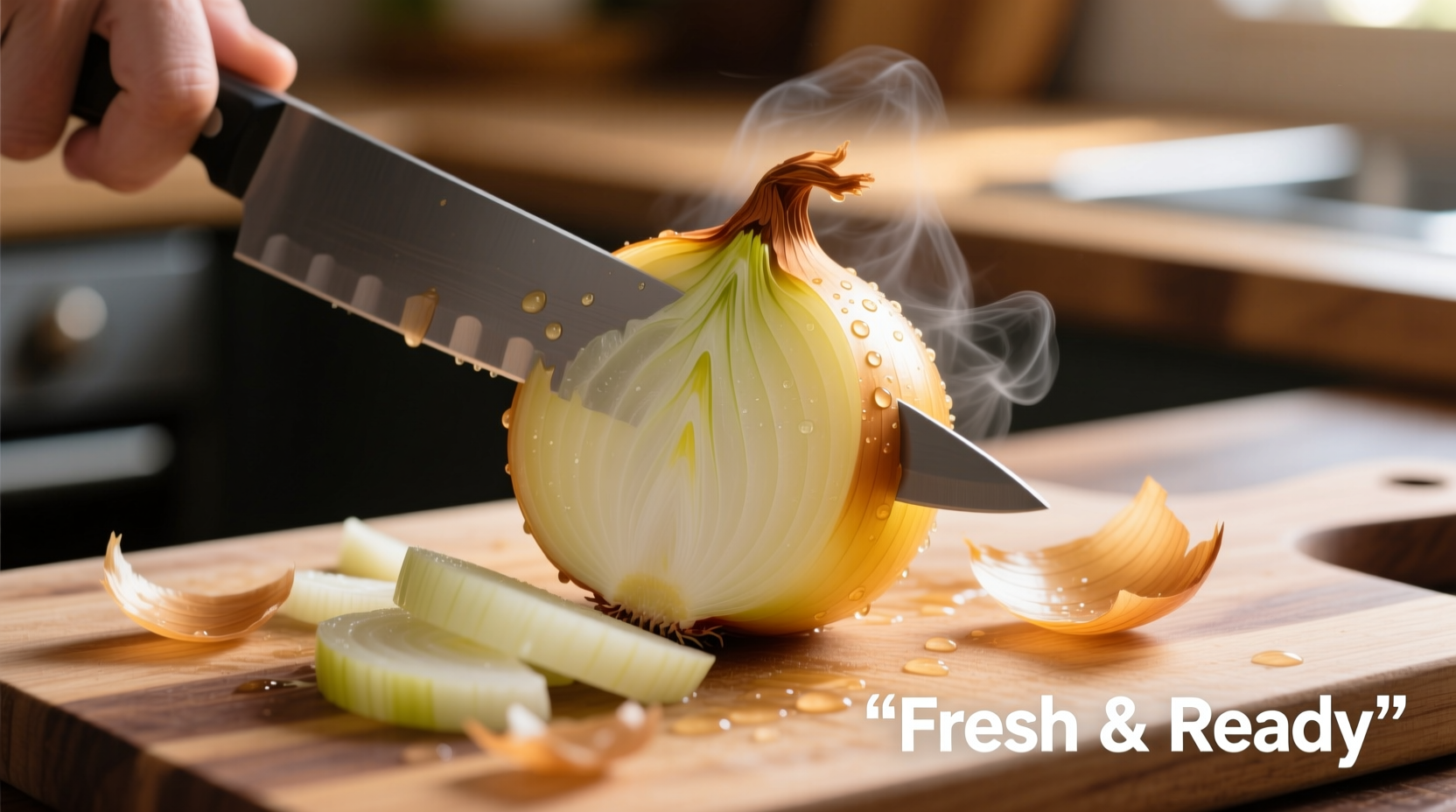 Fresh yellow onions being sliced for dehydration