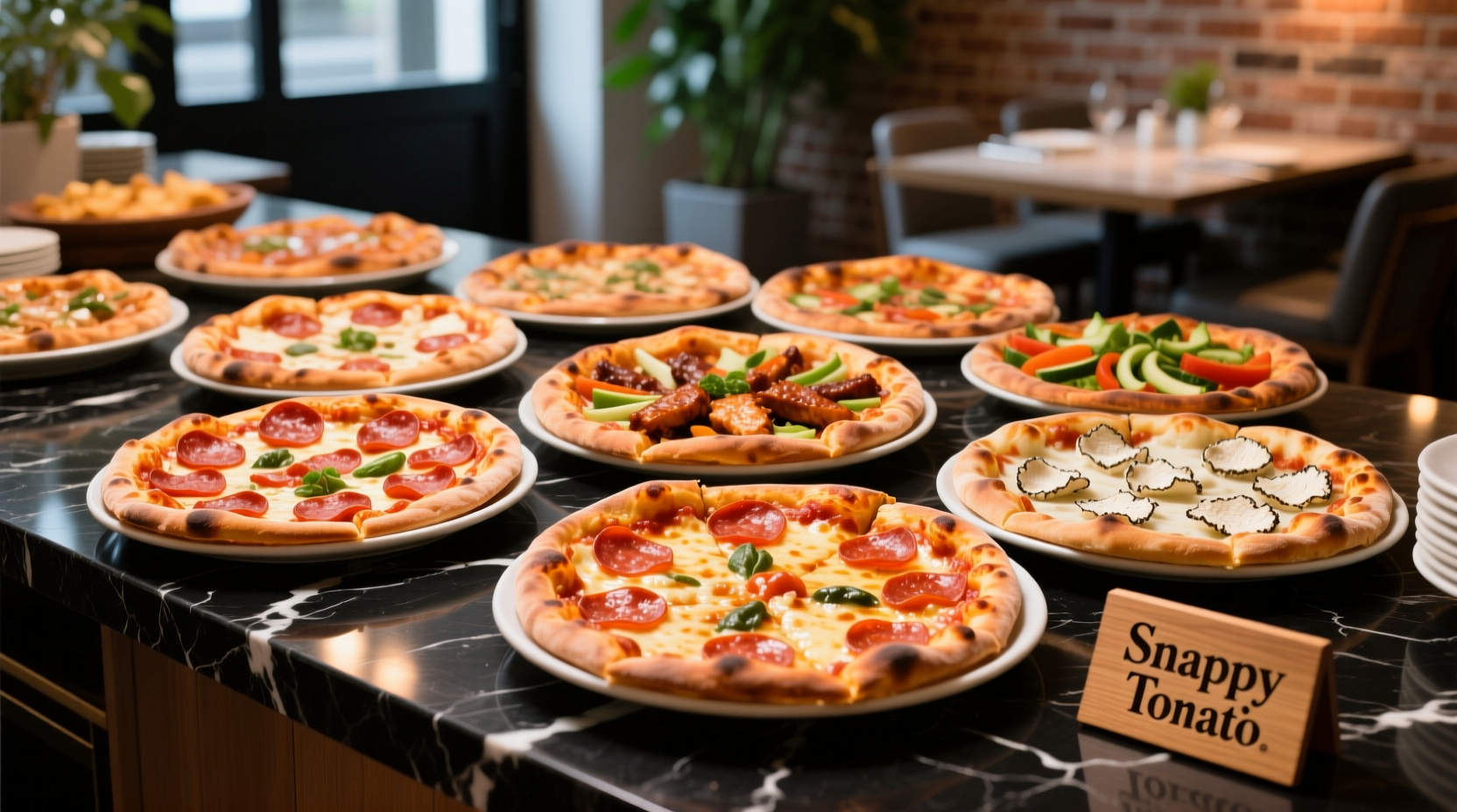 Snappy Tomato Pizza buffet selection with multiple pizza varieties