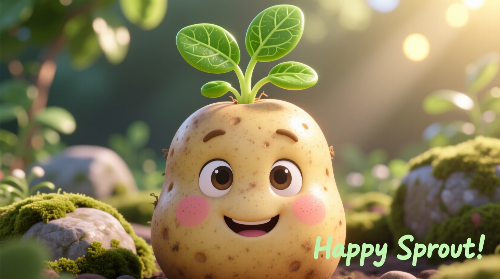 Close-up of smiling potato character with leaf sprouts
