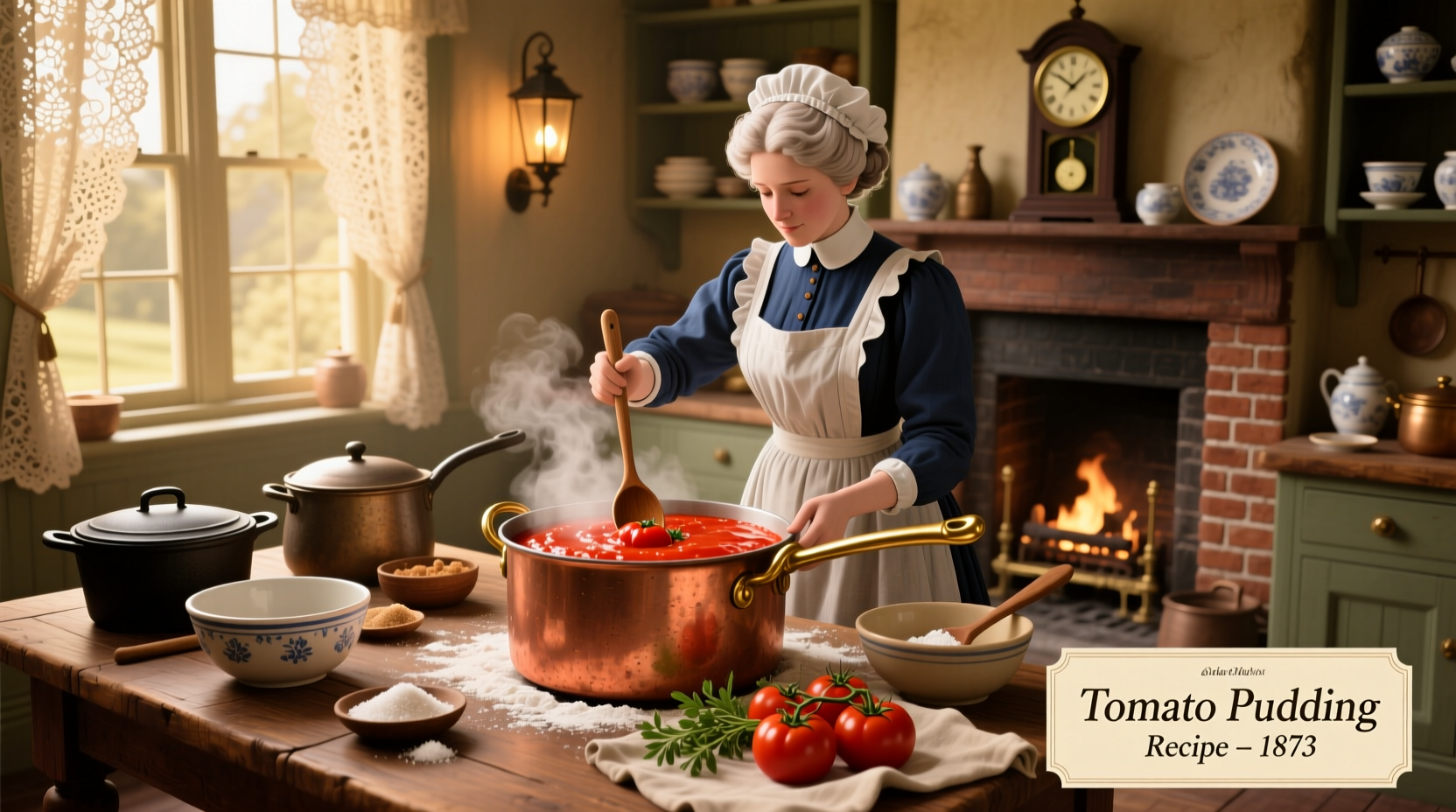 Historical tomato pudding preparation in Victorian kitchen