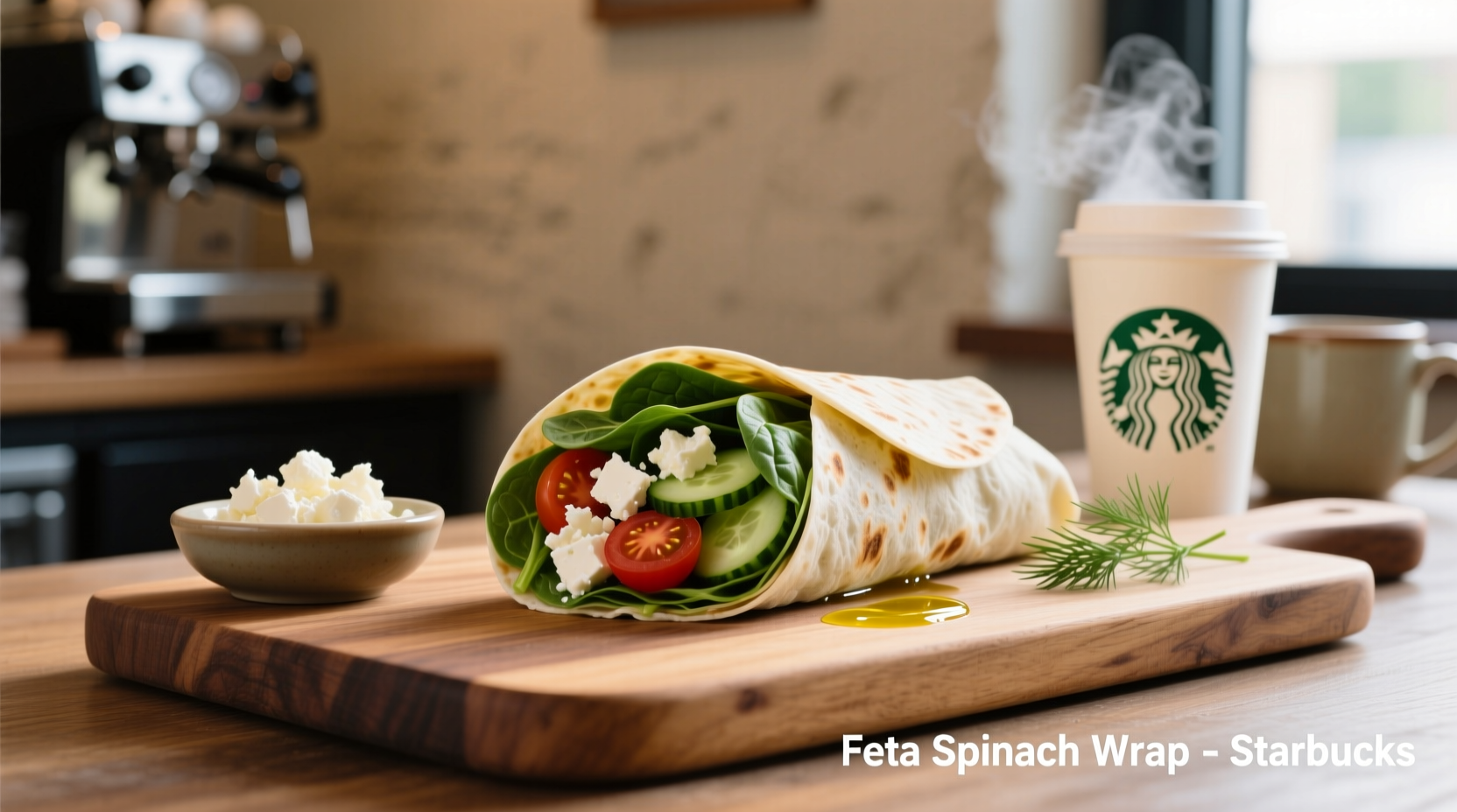 Starbucks Feta Spinach Wrap on plate with fresh ingredients