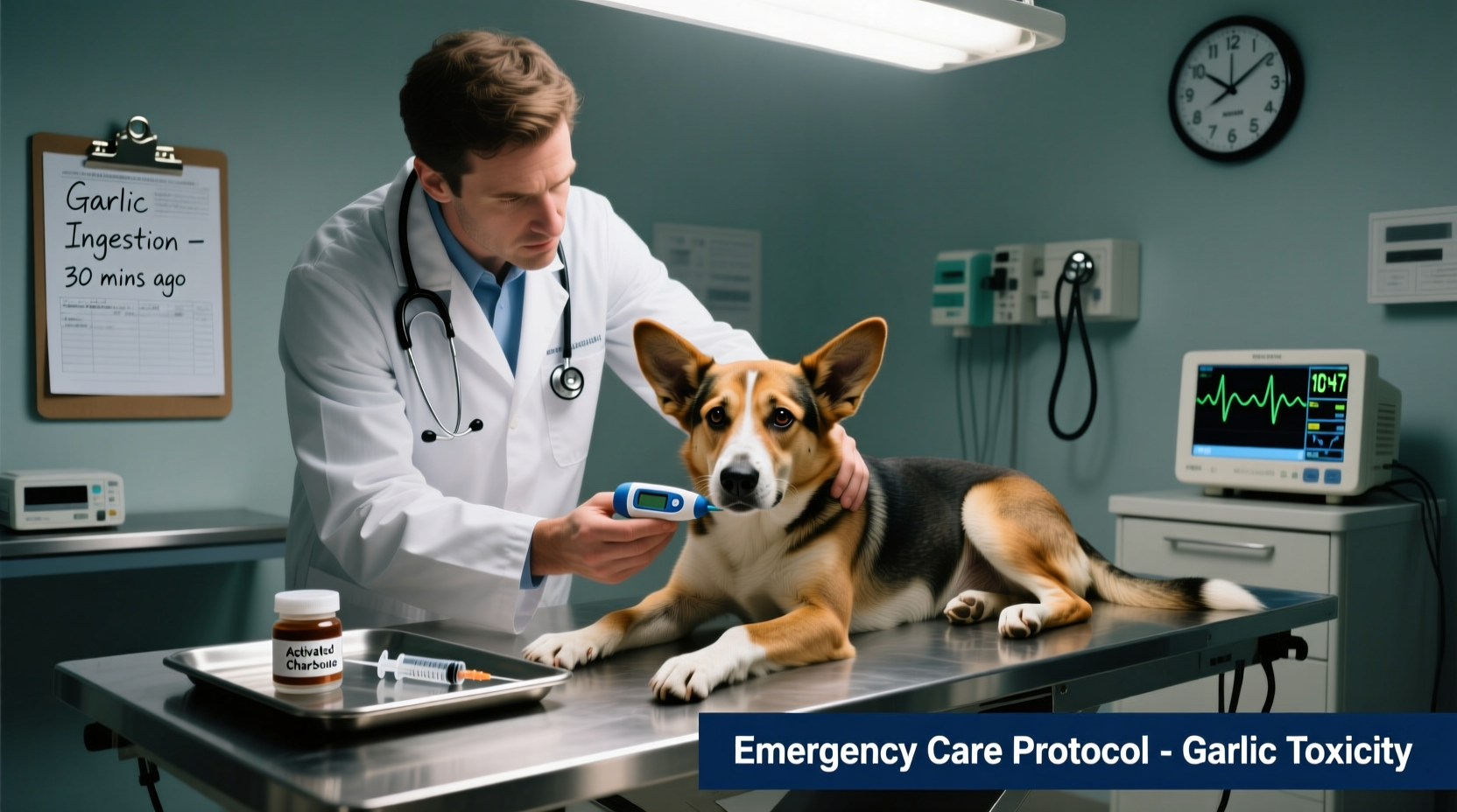 Veterinarian examining dog after garlic ingestion