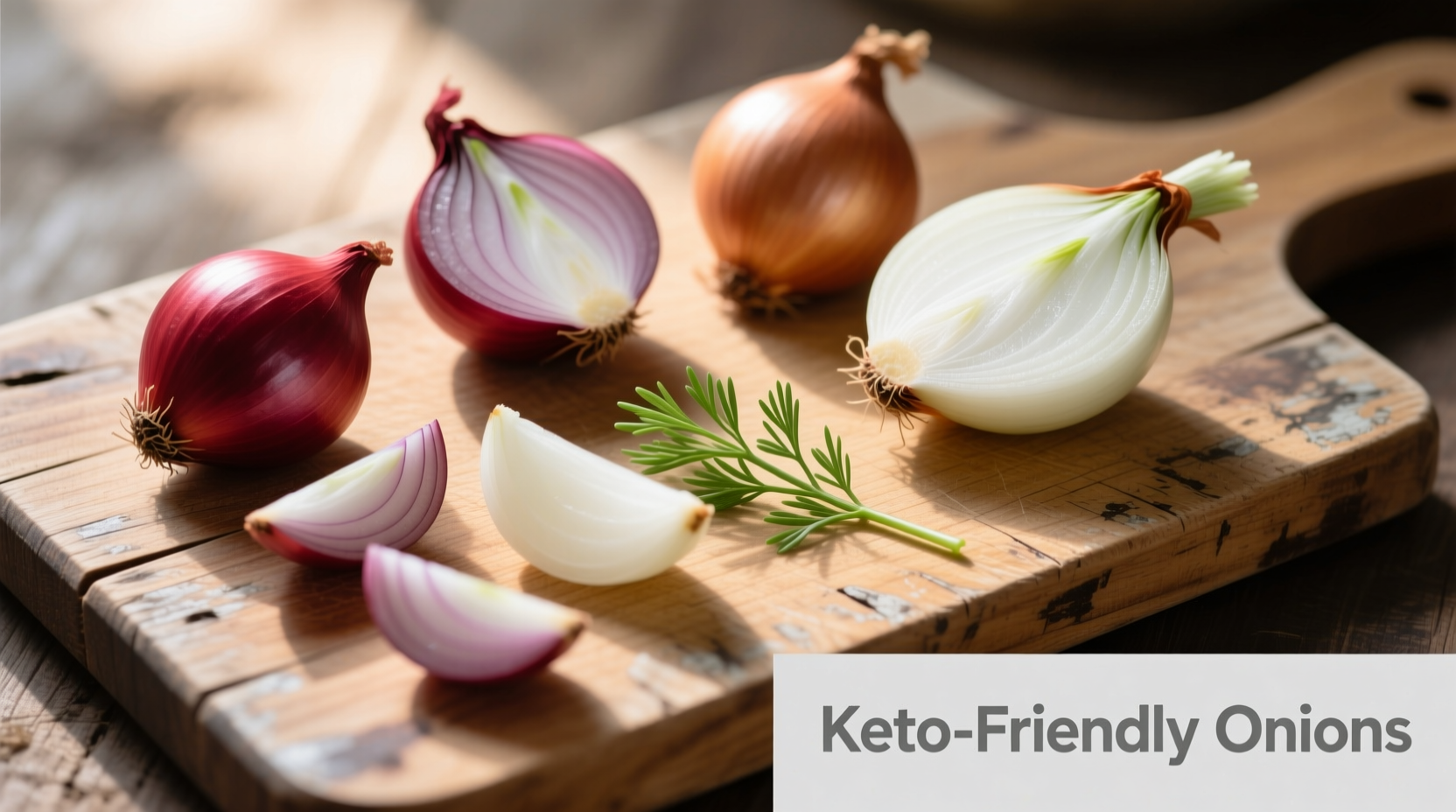 Keto-friendly onion varieties on wooden cutting board