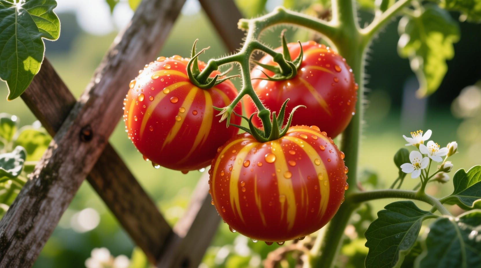 Ripe Mister Stripey tomatoes on vine with distinctive stripes
