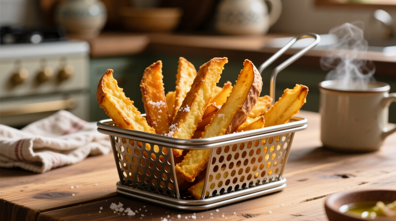 Crispy air fried sweet potato fries in basket