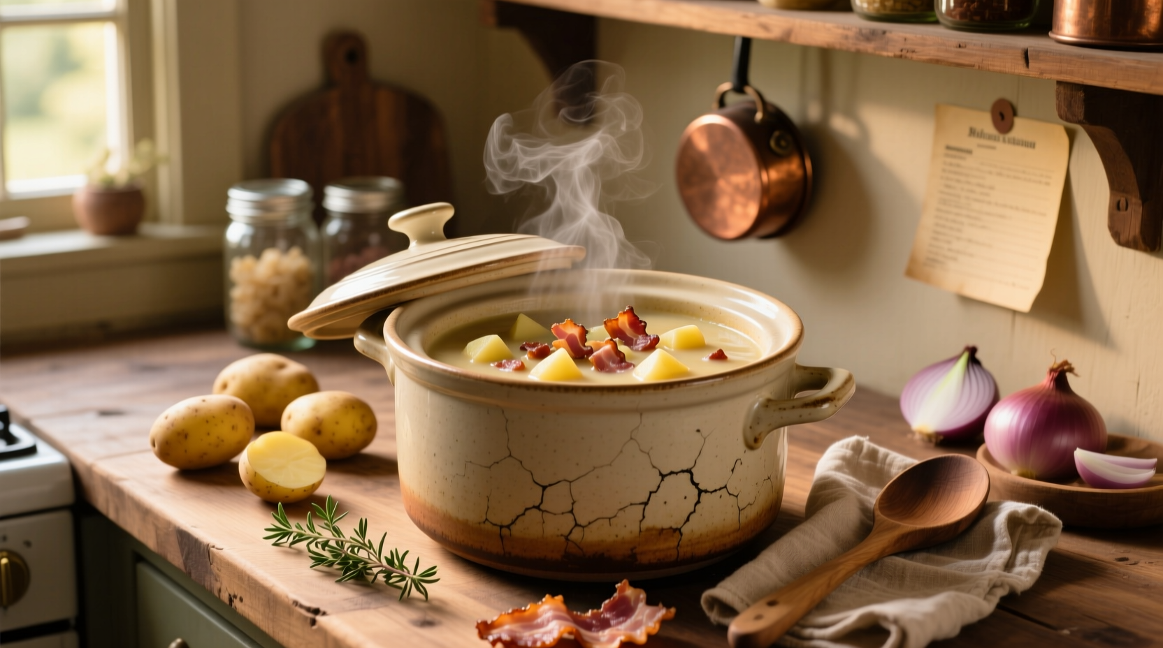 Creamy potato and bacon soup in slow cooker