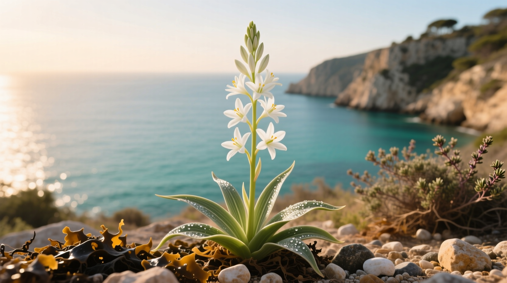 Sea squill plant with white flowers growing on Mediterranean coastline