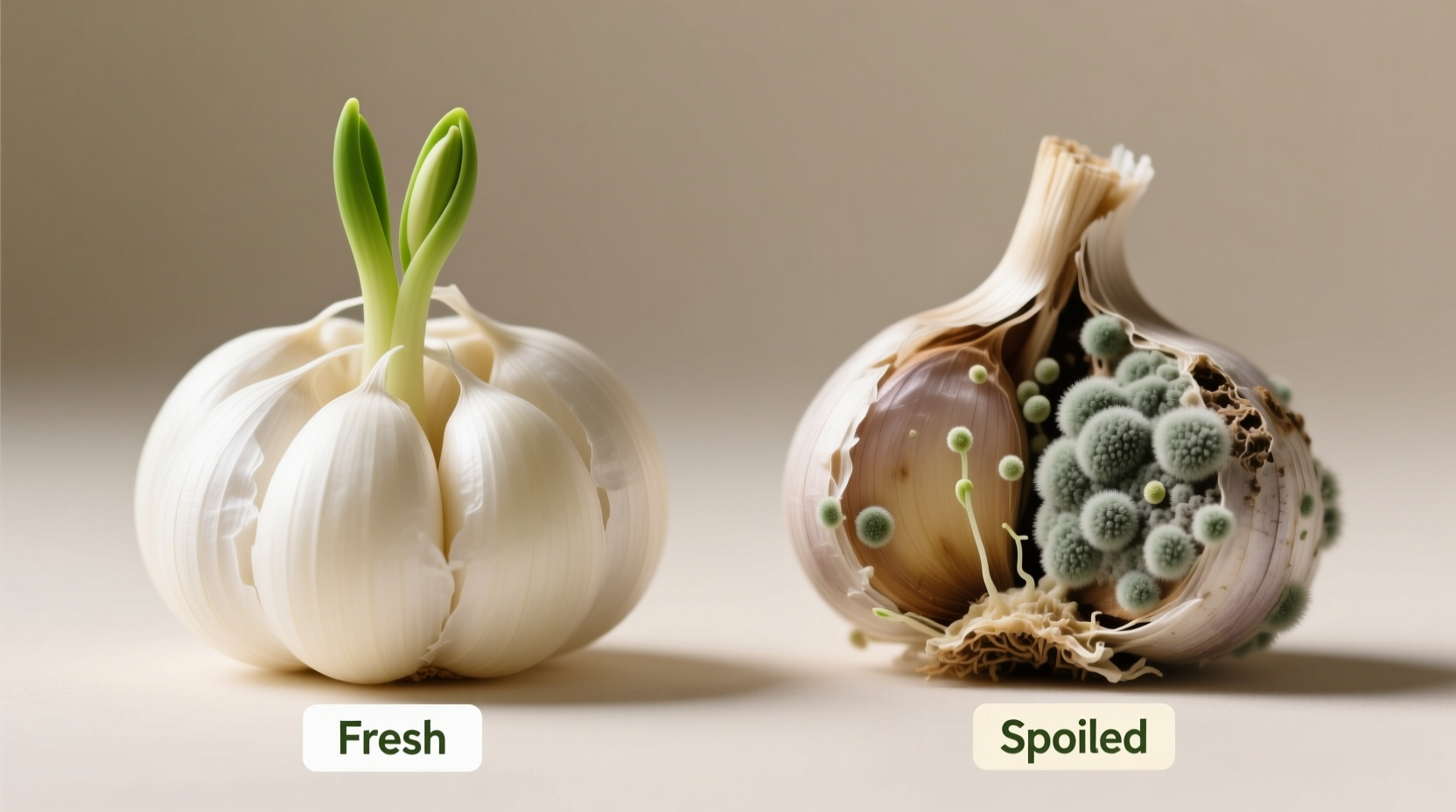 Fresh versus spoiled garlic comparison showing mold and sprouting