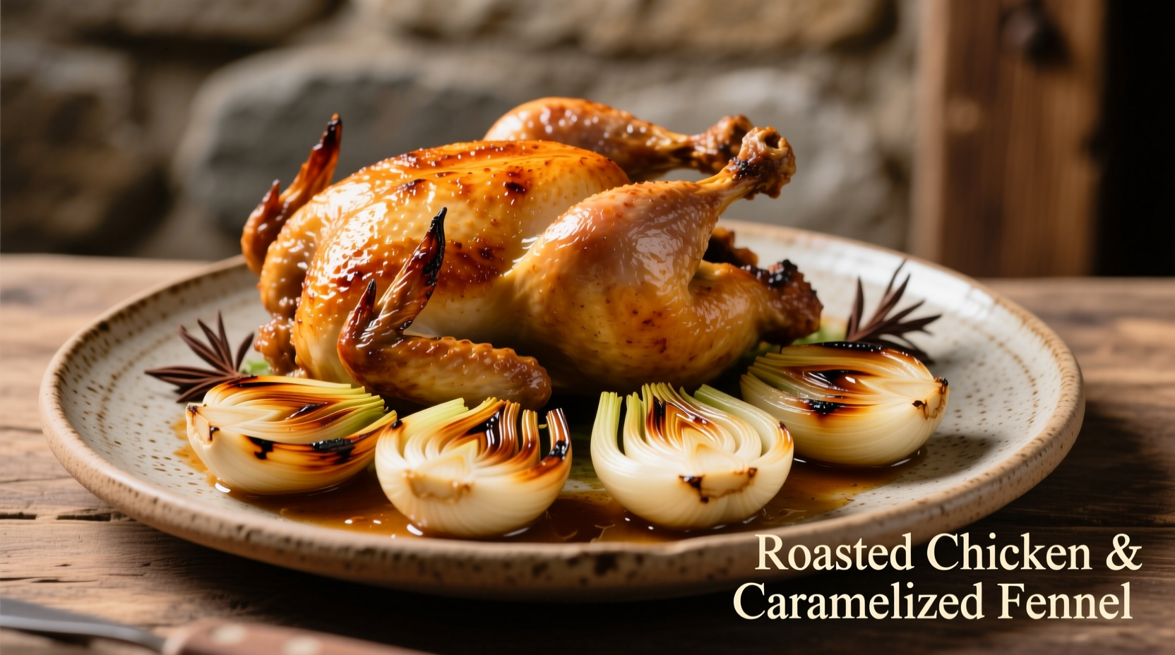 Roasted chicken with caramelized fennel bulbs on ceramic platter