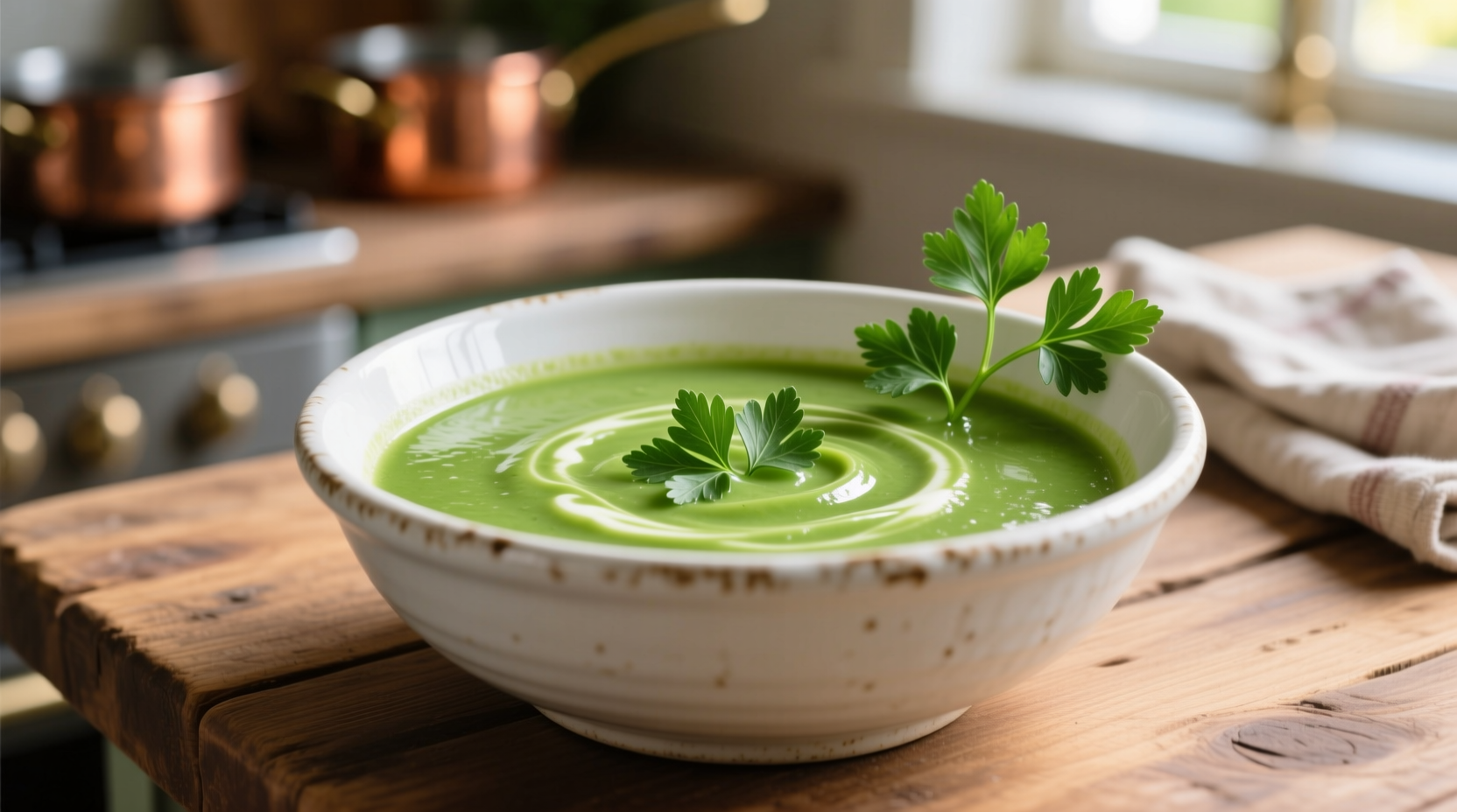 Vibrant green parsley soup in white ceramic bowl