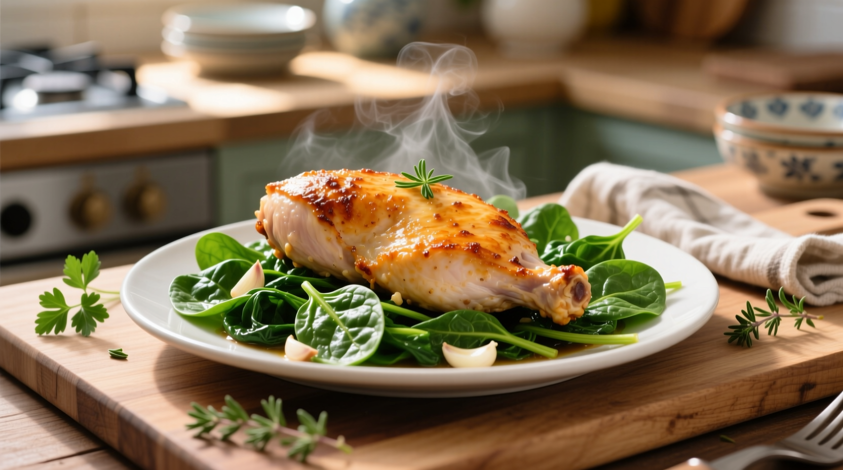 Perfectly cooked chicken with vibrant green spinach