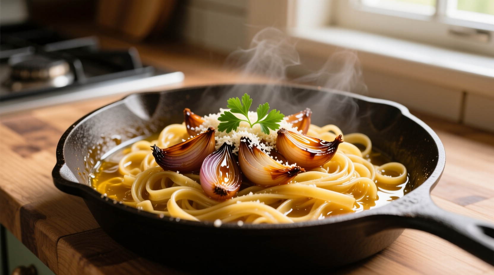 Golden caramelised onions in skillet with fresh pasta
