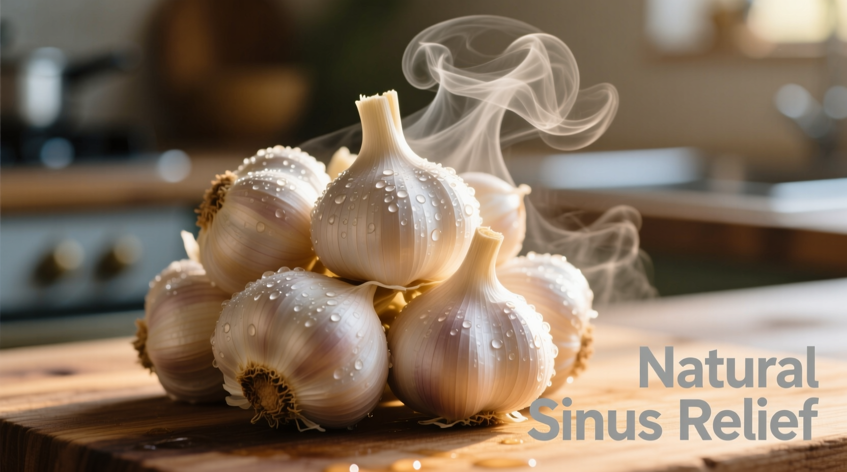 Fresh garlic cloves with steam rising for sinus relief