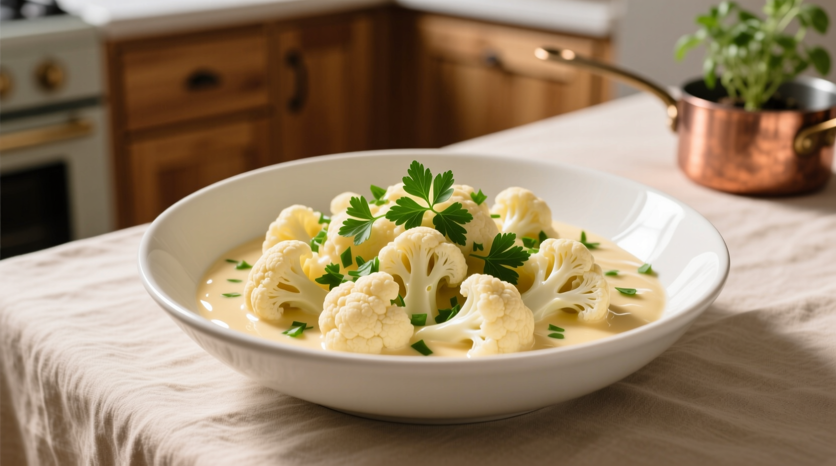 Creamed cauliflower in white bowl with fresh parsley garnish