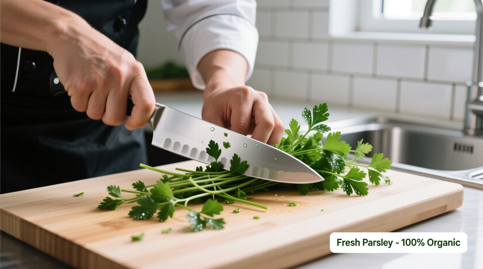 Chef chopping fresh parsley stems for cooking
