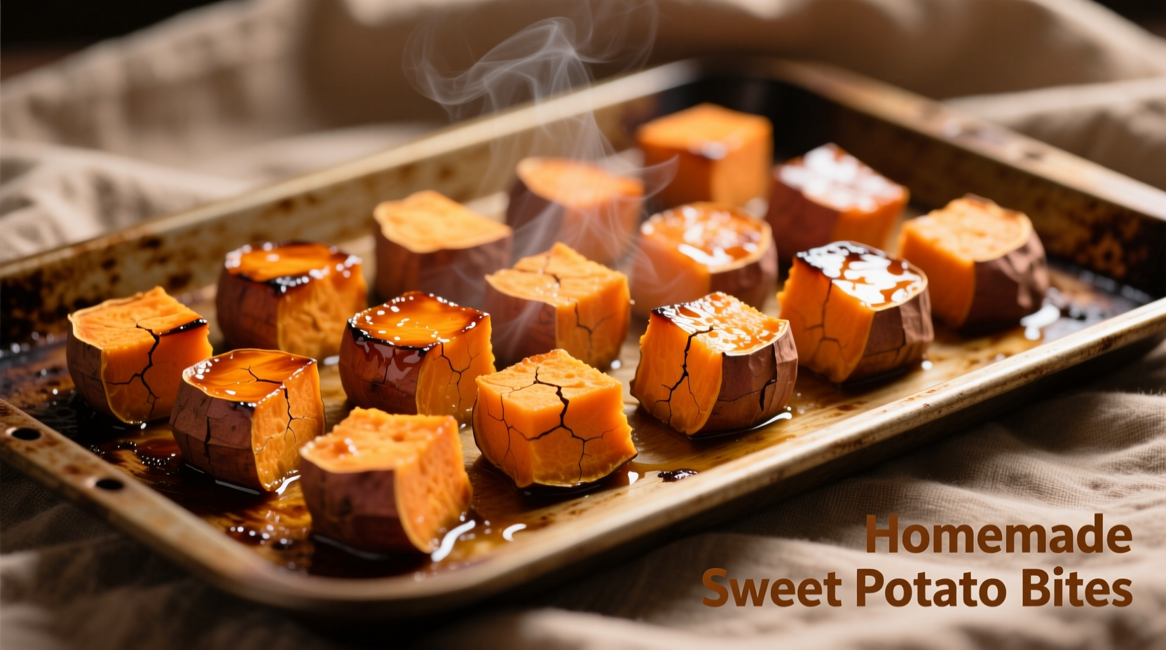 Perfectly roasted cubed sweet potatoes on baking sheet