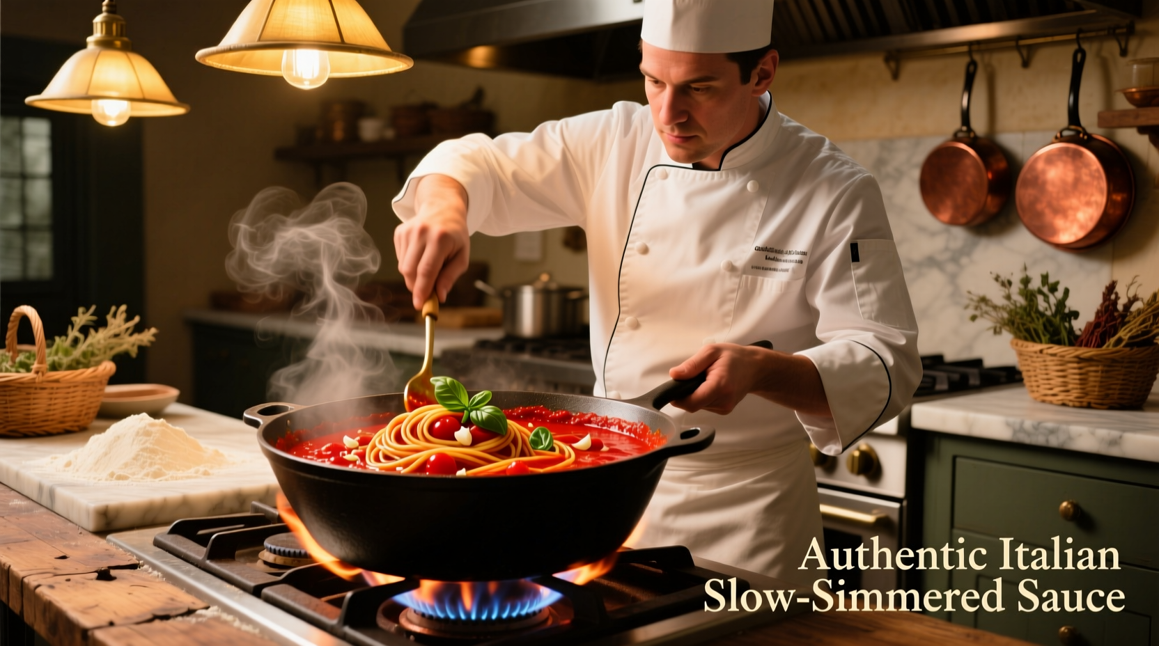 Chef stirring rich red spaghetti sauce in cast iron pot