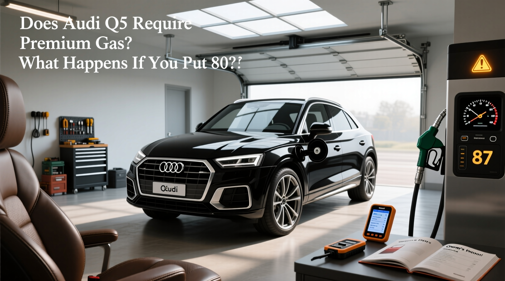 Audi Q5 fuel cap open showing premium fuel recommendation label