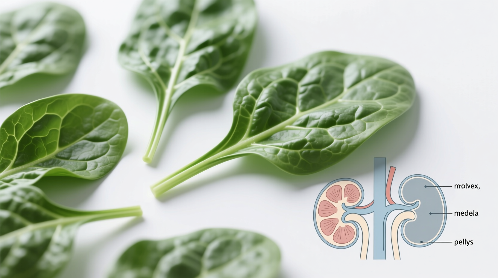 Spinach leaves on white background with kidney diagram
