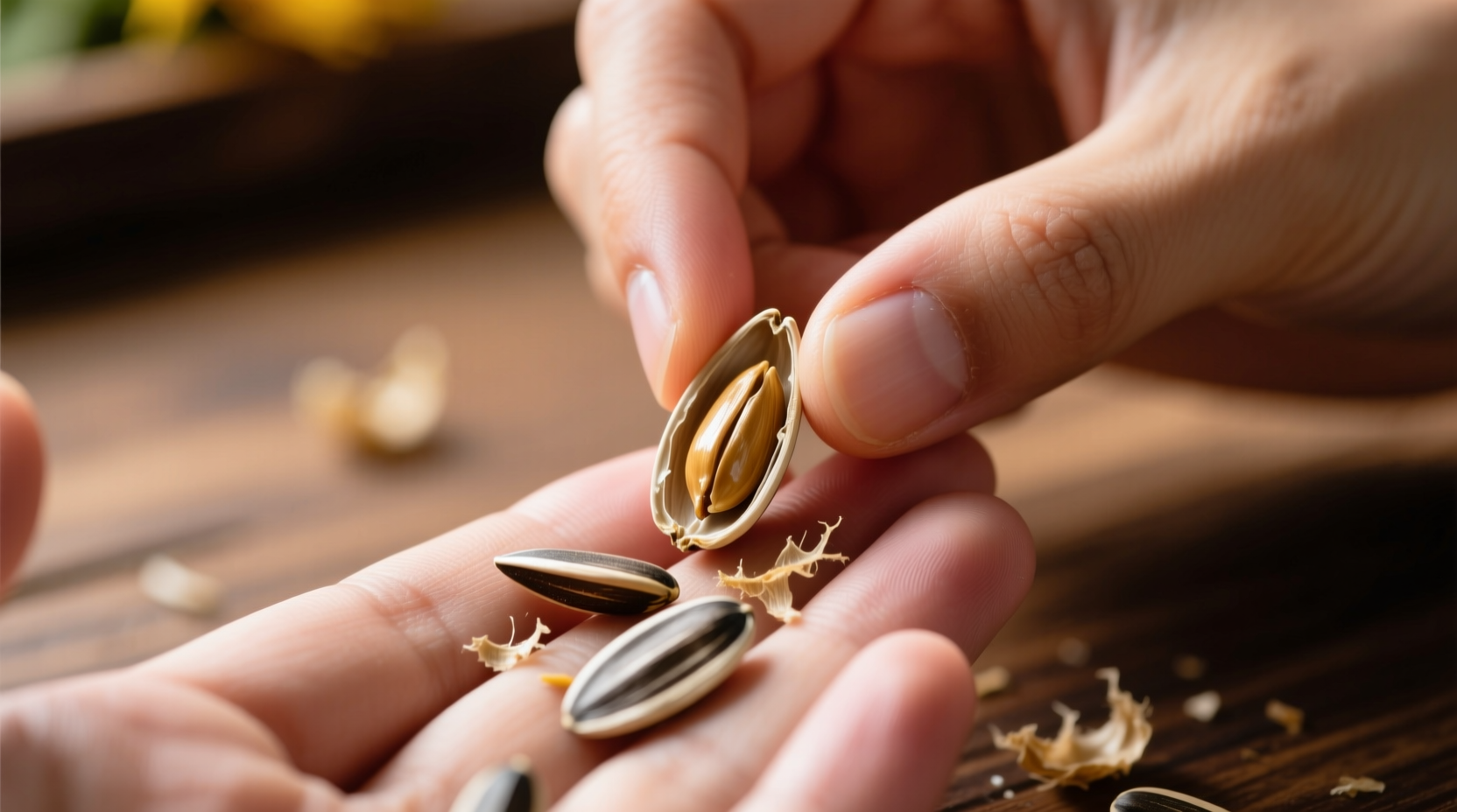 Hand holding sunflower seeds with proper eating technique