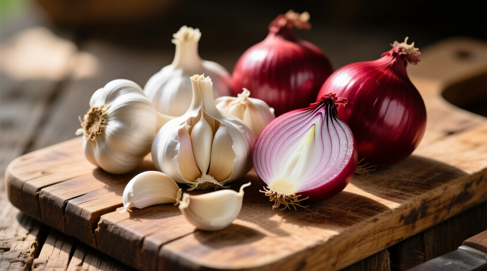 Fresh garlic bulbs and red onions on wooden cutting board