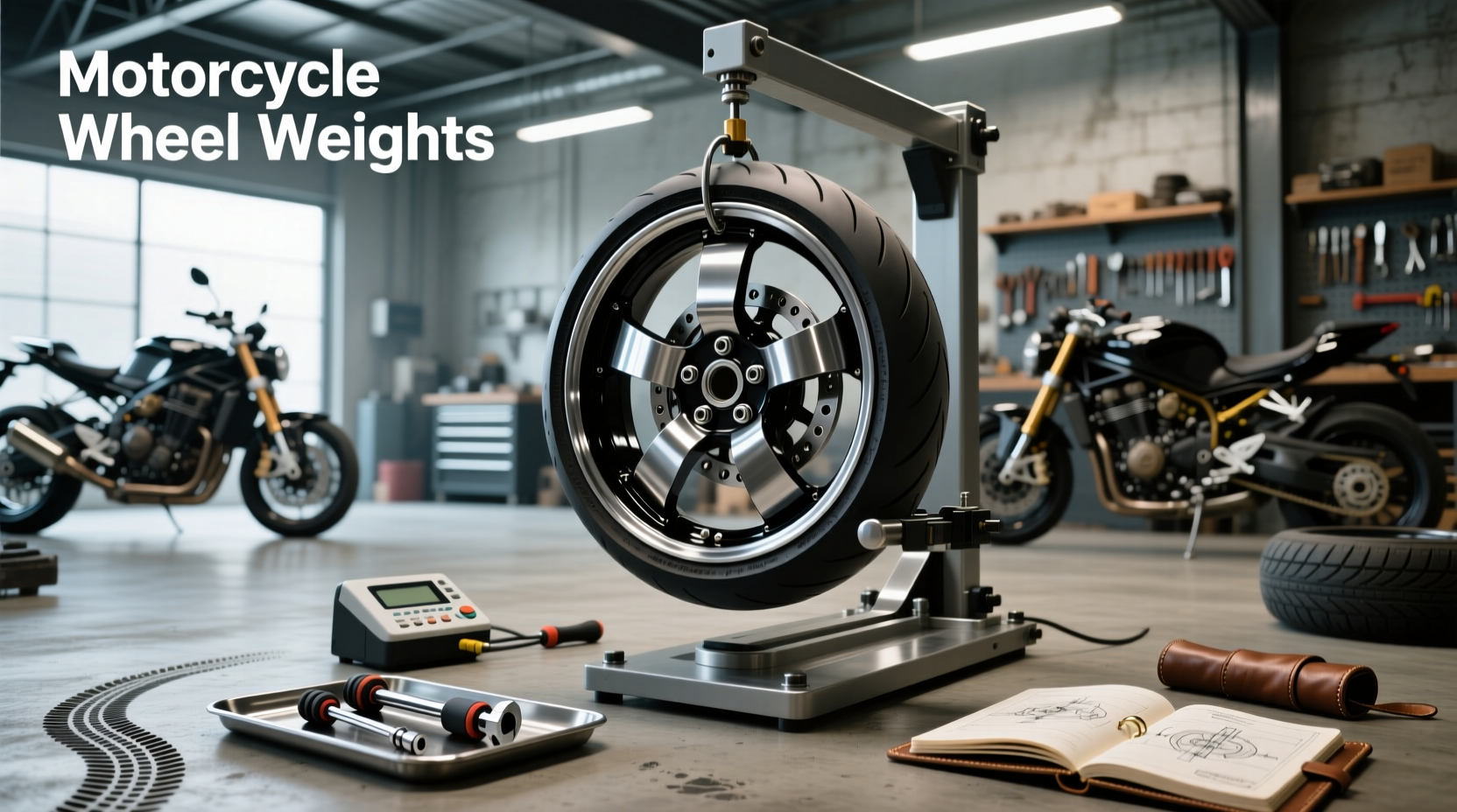 Motorcycle wheel weights on a chrome rim